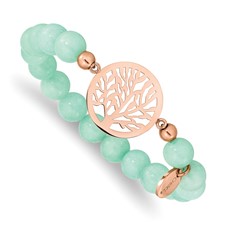 Image of Chisel Stainless Steel Polished Rose IP-plated Tree of Life 8mm Green Dyed Jade Beaded Stretch Bracelet