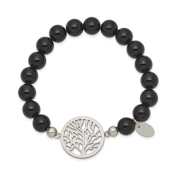 Chisel Stainless Steel Polished Tree of Life 8mm Black Agate Beaded Stretch Bracelet — alternate view