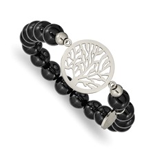 Image of Chisel Stainless Steel Polished Tree of Life 8mm Black Agate Beaded Stretch Bracelet