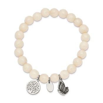 Chisel Stainless Steel Antiqued and Polished Butterfly and Tree of Life 8mm White Jade Beaded Stretch Bracelet — alternate view
