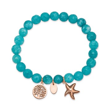 Chisel Stainless Steel Antiqued and Polished Rose IP-plated Starfish and Tree of Life 8mm Aqua Dyed Jade Beaded Stretch Bracelet — alternate view