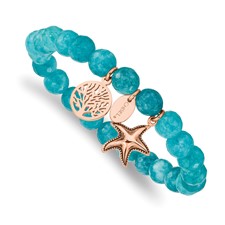 Image of Chisel Stainless Steel Antiqued and Polished Rose IP-plated Starfish and Tree of Life 8mm Aqua Dyed Jade Beaded Stretch Bracelet