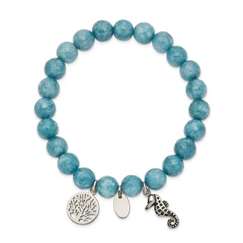 Chisel Stainless Steel Antiqued and Polished Seahorse and Tree of Life 8mm Blue Dyed Jade Beaded Stretch Bracelet — alternate view
