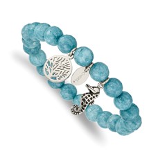 Image of Chisel Stainless Steel Antiqued and Polished Seahorse and Tree of Life 8mm Blue Dyed Jade Beaded Stretch Bracelet