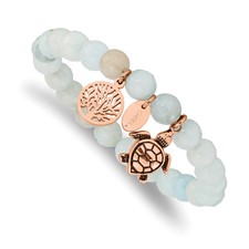 Image of Chisel Stainless Steel Antiqued and Polished Rose IP-plated 8mm Blue/Grey Dyed Jade Beaded Stretch Bracelet