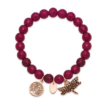 Chisel Stainless Steel Antiqued and Polished Rose IP-plated Dragonfly and Tree of Life 8mm Pink Dyed Jade Beaded Stretch Bracelet — alternate view