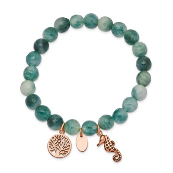 Chisel Stainless Steel Antiqued and Polished Rose IP-plated Seahorse and Tree of Life 8mm Green Dyed Jade Beaded Stretch Bracelet — alternate view