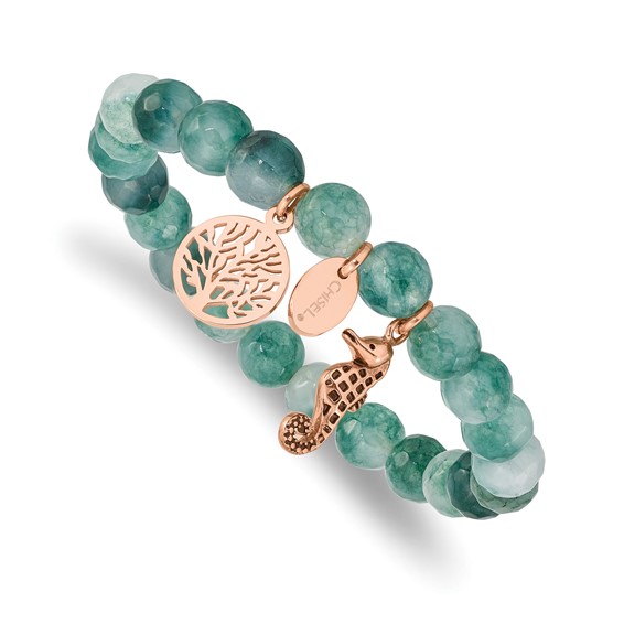 Stainless Steel Rose Gold Seahorse & Tree of Life Charm Green Jade Stretch Bracelet Stainless Steel Rose Gold Seahorse & Tree of Life Charm Green Jade Stretch Bracelet