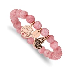Image of Chisel Stainless Steel Antiqued and Polish Rose IP-plated Butterfly and Tree of Life 8mm Pink Dyed Jade Beaded Stretch Bracelet