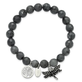 Chisel Stainless Steel Antiqued and Polished Dragonfly and Tree of Life 8mm Grey Dyed Jade Beaded Stretch Bracelet — alternate view