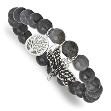 Image of Chisel Stainless Steel Antiqued and Polished Dragonfly and Tree of Life 8mm Grey Dyed Jade Beaded Stretch Bracelet