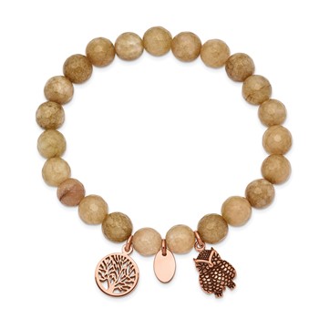 Chisel Stainless Steel Antiqued and Polished Rose IP-plated Owl and Tree of Life 8mm Taupe Dyed Jade Beaded Stretch Bracelet — alternate view