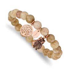 Image of Chisel Stainless Steel Antiqued and Polished Rose IP-plated Owl and Tree of Life 8mm Taupe Dyed Jade Beaded Stretch Bracelet