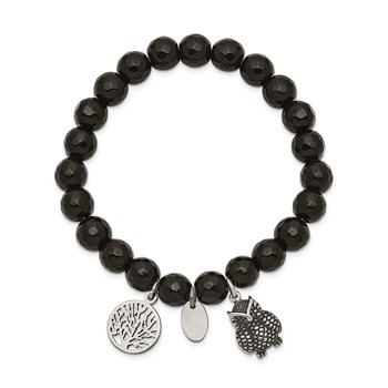 Chisel Stainless Steel Antiqued and Polished Owl and Tree of Life 8mm Black Jade Beaded Stretch Bracelet — alternate view