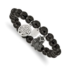 Image of Chisel Stainless Steel Antiqued and Polished Owl and Tree of Life 8mm Black Jade Beaded Stretch Bracelet
