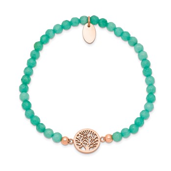 Chisel Stainless Steel Polished Rose IP-plated Tree of Life 4mm Mint Jade Beaded Stretch Bracelet — alternate view