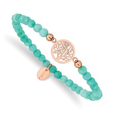 Image of Chisel Stainless Steel Polished Rose IP-plated Tree of Life 4mm Mint Jade Beaded Stretch Bracelet