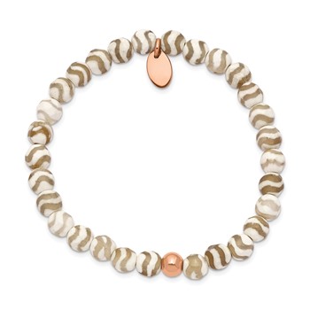 Chisel Stainless Steel Polished Rose IP-plated 6mm White Wave Agate Beaded Stretch Bracelet — alternate view