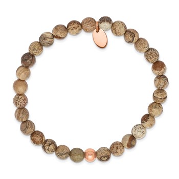 Chisel Stainless Steel Polished Rose IP-plated 6mm Brown Jasper Beaded Stretch Bracelet — alternate view