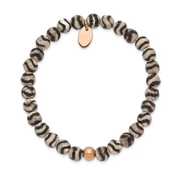 Chisel Stainless Steel Polished Rose IP-plated 6mm Black and White Striped Agate Beaded Stretch Bracelet — alternate view