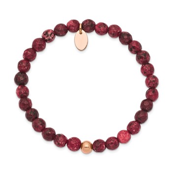 Chisel Stainless Steel Polished Rose IP-plated 6mm Red Jade Beaded Stretch Bracelet — alternate view
