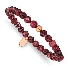 Image of Chisel Stainless Steel Polished Rose IP-plated 6mm Red Jade Beaded Stretch Bracelet