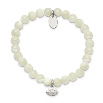 Chisel Stainless Steel Polished Lotus 6mm Mother of Pearl Beaded Stretch Bracelet — alternate view