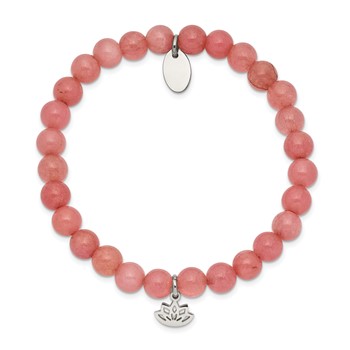 Chisel Stainless Steel Polished Lotus 6mm Pink Jade Beaded Stretch Bracelet — alternate view