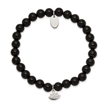 Chisel Stainless Steel Polished Lotus 6mm Black Agate Beaded Stretch Bracelet — alternate view