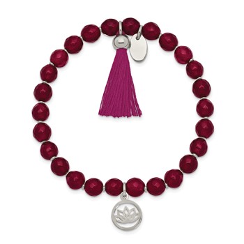 Chisel Stainless Steel Polished Lotus 6mm Pink Jade Beaded Stretch Bracelet with Tassel — alternate view