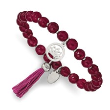 Image of Chisel Stainless Steel Polished Lotus 6mm Pink Jade Beaded Stretch Bracelet with Tassel