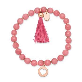 Chisel Stainless Steel Polished Rose IP-plated Heart 6mm Pink Jade Beaded Stretch Bracelet with Tassel — alternate view