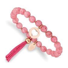 Image of Chisel Stainless Steel Polished Rose IP-plated Heart 6mm Pink Jade Beaded Stretch Bracelet with Tassel