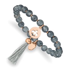 Image of Chisel Stainless Steel Polished Rose IP-plated Fleur de Lis 6mm Grey Agate Beaded Stretch Bracelet with Tassel