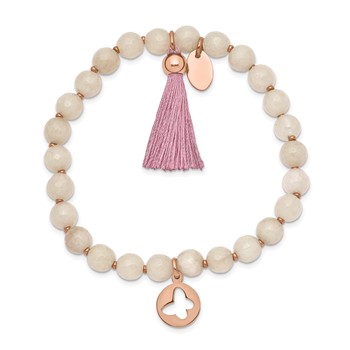 Chisel Stainless Steel Polished Rose IP-plated Butterfly 6mm Pink Agate Beaded Stretch Bracelet with Tassel — alternate view