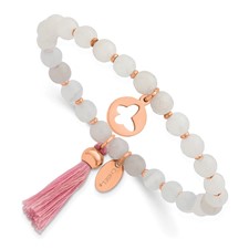 Image of Chisel Stainless Steel Polished Rose IP-plated Butterfly 6mm Pink Agate Beaded Stretch Bracelet with Tassel