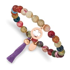 Image of Chisel Stainless Steel Polished Rose IP-plated Clover 6mm Multi Color Agate Beaded Stretch Bracelet with Tassel