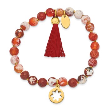 Chisel Stainless Steel Polished Yellow IP-plated Flower 6mm Orange Agate Beaded with Tassel Stretch Bracelet — alternate view