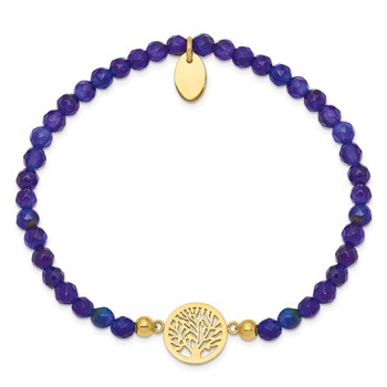 Chisel Stainless Steel Polished Yellow IP-plated Tree of Life 4mm Blue Jade Beaded Stretch Bracelet — alternate view