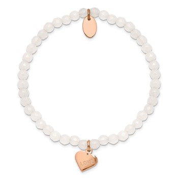 Chisel Stainless Steel Polished Rose IP-plated LOVE Heart 4mm Jade Beaded Stretch Bracelet — alternate view