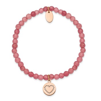 Chisel Stainless Steel Polished Rose IP-plated Heart 4mm Pink Jade Beaded Stretch Bracelet — alternate view