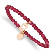 Image of Chisel Stainless Steel Polished Rose IP-plated LOVE 4mm Red Jade Beaded Stretch Bracelet