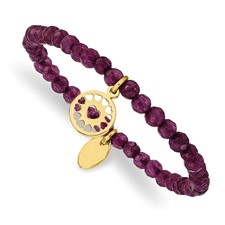 Image of Chisel Stainless Steel Polished Yellow IP-plated Heart 4mm Dark Purple Jade Beaded Stretch Bracelet
