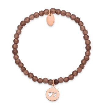 Chisel Stainless Steel Polished Rose IP-plated XO 4mm Brown Jade Beaded Stretch Bracelet — alternate view