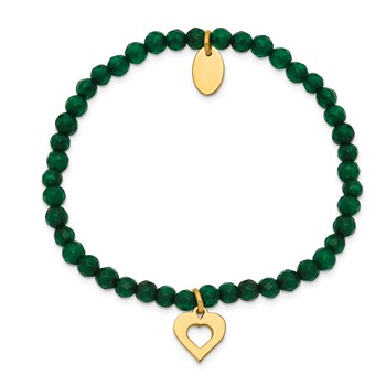 Chisel Stainless Steel Polished Yellow IP-plated Heart 4mm Green Jade Beaded Stretch Bracelet — alternate view
