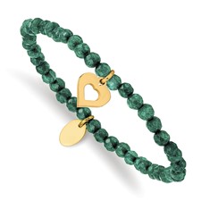 Image of Chisel Stainless Steel Polished Yellow IP-plated Heart 4mm Green Jade Beaded Stretch Bracelet