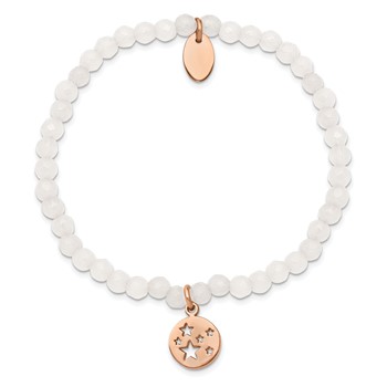 Chisel Stainless Steel Polished Rose IP-plated Stars 4mm White Jade Beaded Stretch Bracelet — alternate view