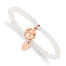 Image of Chisel Stainless Steel Polished Rose IP-plated Stars 4mm White Jade Beaded Stretch Bracelet