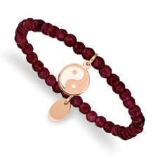 Image of Chisel Stainless Steel Polished and Satin Rose IP-plated YingYang 4mm Red Jade Beaded Stretch Bracelet