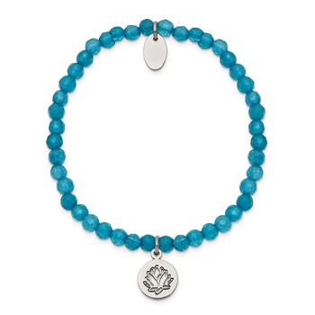Chisel Stainless Steel Polished Lotus 4mm Blue Jade Beaded Stretch Bracelet — alternate view